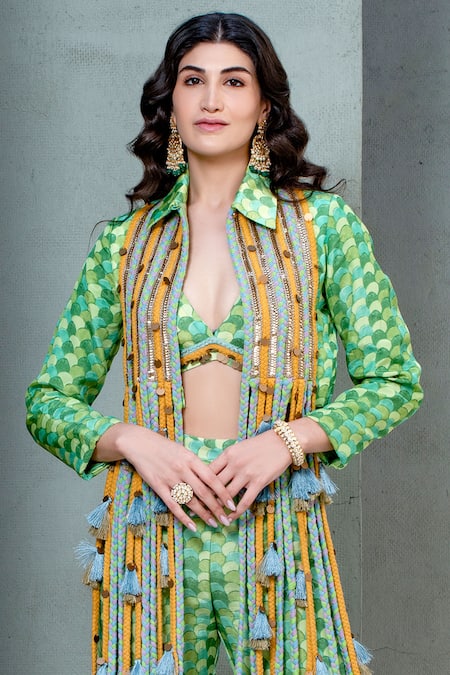 Buy Rishi and Vibhuti Green Crepe Sequins, Embroidery Rv Signature Embellished Jacket Flared Pant Set Online at Aza Fashions Buy_Rishi and Vibhuti_Green Crepe Sequins, Embroidery Rv Signature Embellished Jacket Flared Pant Set _Online_at_Aza_Fashions