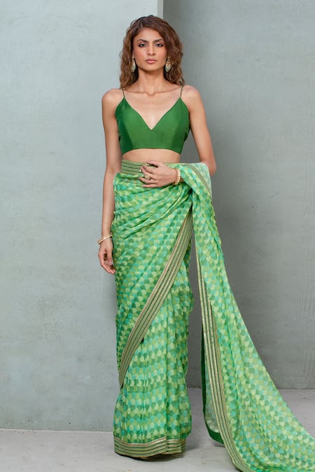Shop_Rishi and Vibhuti_Green Organza Sequins V-neck Fishscale Printed Saree With Blouse _Online_at_Aza_Fashions