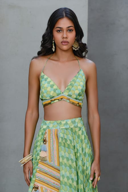 Buy_Rishi and Vibhuti_Green Crepe Sequins Halter Neck Leaf Charms Printed Lehenga With Blouse _Online_at_Aza_Fashions