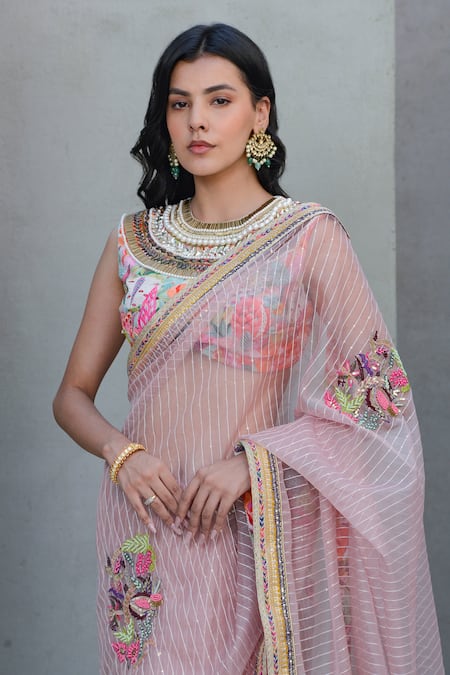 Rishi and Vibhuti_Pink Organza, Crepe Cut Work Lilly Cutdana Embroidered Saree _Online_at_Aza_Fashions