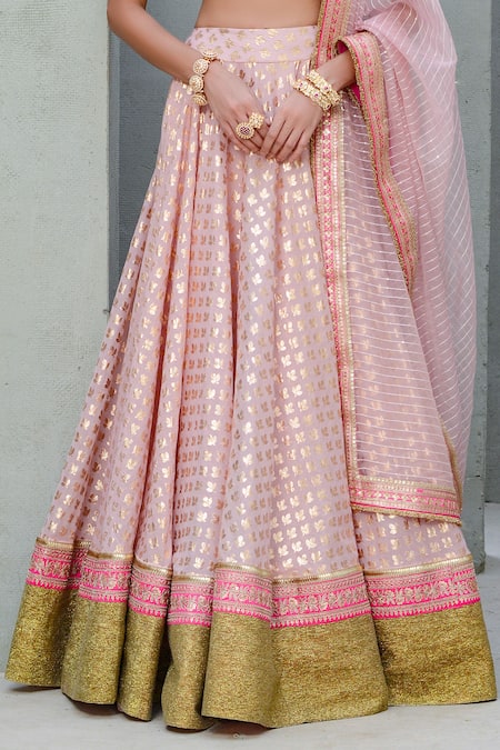 Rishi and Vibhuti_Pink Organza, Chanderi Sequins, Embroidery Lilly Foil Pattern Lehenga Set _Online_at_Aza_Fashions