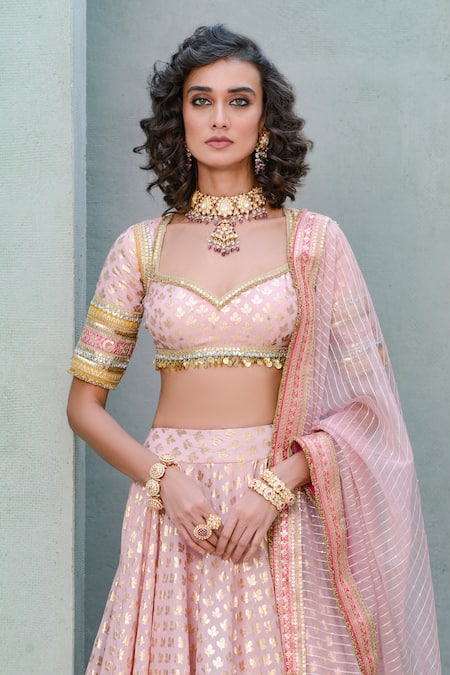 Buy_Rishi and Vibhuti_Pink Organza, Chanderi Sequins, Embroidery Lilly Foil Pattern Lehenga Set _Online_at_Aza_Fashions