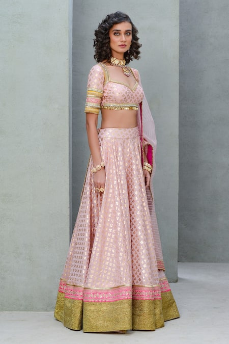 Shop_Rishi and Vibhuti_Pink Organza, Chanderi Sequins, Embroidery Lilly Foil Pattern Lehenga Set _Online_at_Aza_Fashions