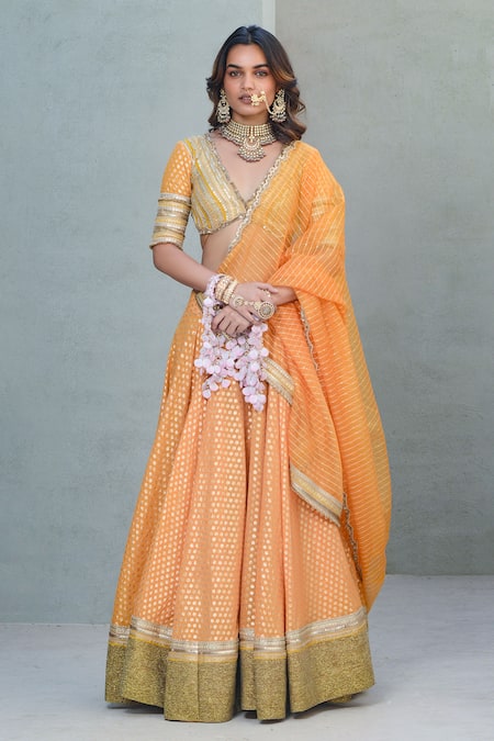 Rishi & Vibhuti Orange Chanderi Embroidered Mira Floral Foil Pattern Lehenga Set 