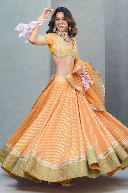 Shop_Rishi and Vibhuti_Orange Chanderi, Organza Sequins, Mira Floral Foil Pattern Lehenga Set _Online_at_Aza_Fashions