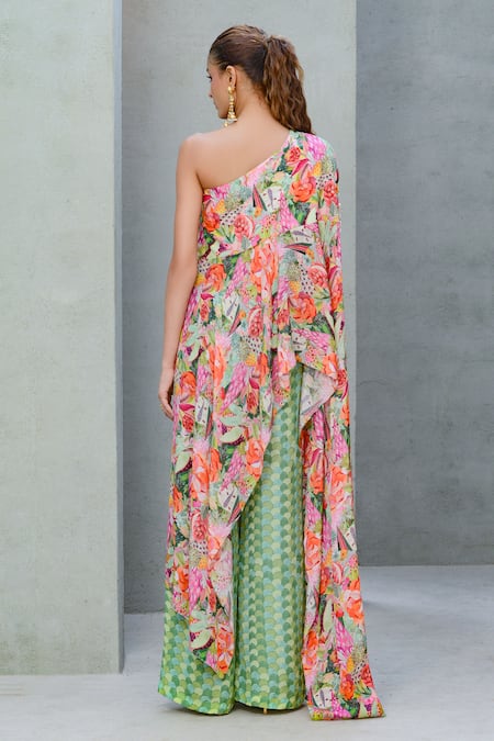 Shop Rishi and Vibhuti Multi Color Crepe Sequins, Enchanted Drape Asymmetric Top With Flared Pant at Aza Fashions Shop_Rishi and Vibhuti_Multi Color Crepe Sequins, Enchanted Drape Asymmetric Top With Flared Pant _at_Aza_Fashions