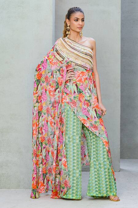 Rishi and Vibhuti Multi Color Crepe Sequins, Enchanted Drape Asymmetric Top With Flared Pant Online at Aza Fashions Rishi and Vibhuti_Multi Color Crepe Sequins, Enchanted Drape Asymmetric Top With Flared Pant _Online_at_Aza_Fashions
