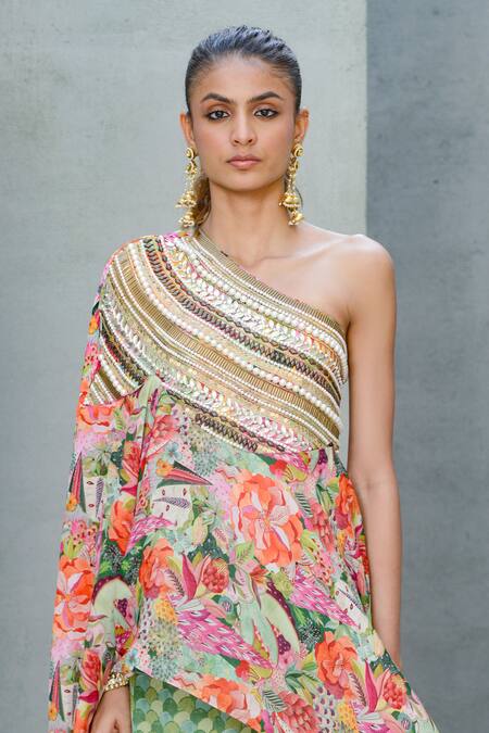 Buy Rishi and Vibhuti Multi Color Crepe Sequins, Enchanted Drape Asymmetric Top With Flared Pant Online at Aza Fashions Buy_Rishi and Vibhuti_Multi Color Crepe Sequins, Enchanted Drape Asymmetric Top With Flared Pant _Online_at_Aza_Fashions