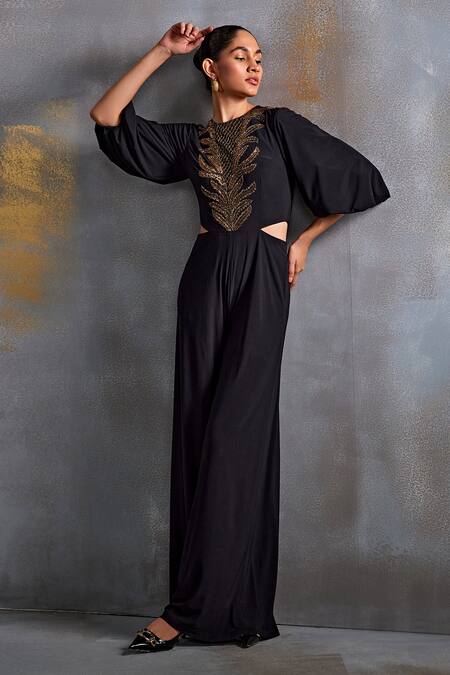 Namrata Joshipura Black Jersey Embellished Cutdana Round Cordelia Floral Jumpsuit Online at Aza Fashions Namrata Joshipura_Black Jersey Embellished Cutdana Round Cordelia Floral Jumpsuit_Online_at_Aza_Fashions