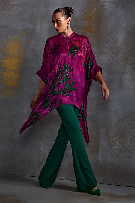 Namrata Joshipura Magenta Crepe Printed Floral Band Collar Willow Embellished Tunic Online at Aza Fashions Namrata Joshipura_Magenta Crepe Printed Floral Band Collar Willow Embellished Tunic_Online_at_Aza_Fashions