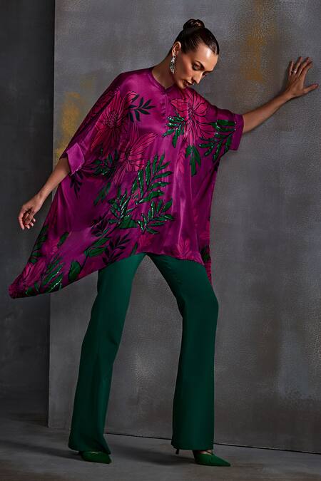 Buy Namrata Joshipura Magenta Crepe Printed Floral Band Collar Willow Embellished Tunic Online at Aza Fashions Buy_Namrata Joshipura_Magenta Crepe Printed Floral Band Collar Willow Embellished Tunic_Online_at_Aza_Fashions
