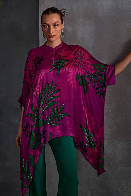 Shop Namrata Joshipura Magenta Crepe Printed Floral Band Collar Willow Embellished Tunic Online at Aza Fashions Shop_Namrata Joshipura_Magenta Crepe Printed Floral Band Collar Willow Embellished Tunic_Online_at_Aza_Fashions