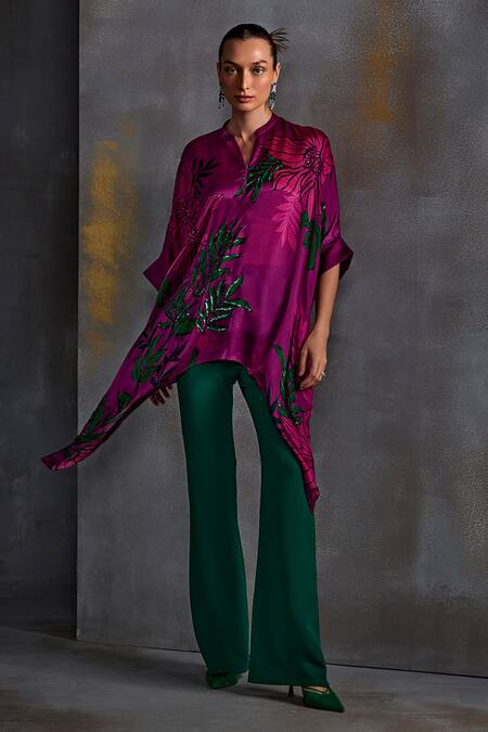 Namrata Joshipura Magenta Crepe Printed Floral Band Collar Willow Embellished Tunic at Aza Fashions Namrata Joshipura_Magenta Crepe Printed Floral Band Collar Willow Embellished Tunic_at_Aza_Fashions