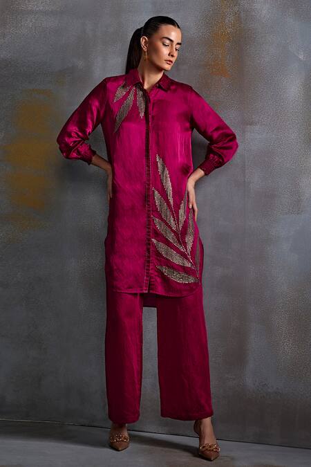 Buy_Namrata Joshipura_Magenta Linen, Satin Sequins Collared Calathea Embellished Boxy Tunic _Online_at_Aza_Fashions