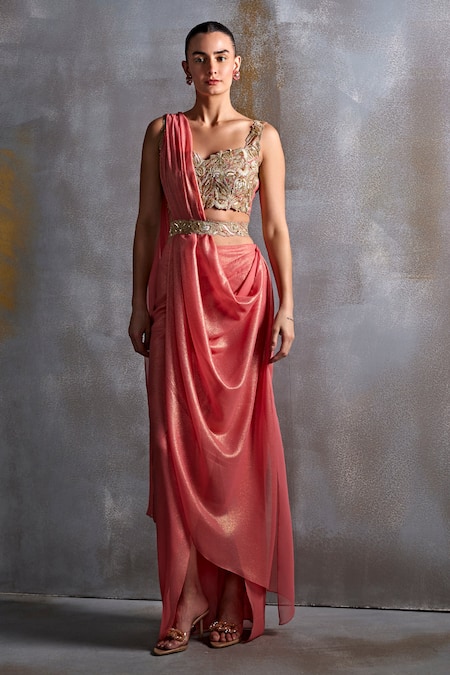 Namrata Joshipura_Coral Georgette Sequins, Zari Metallic Pre-draped Saree With Embellished Blouse_Online_at_Aza_Fashions