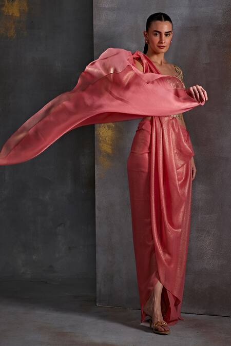 Shop_Namrata Joshipura_Coral Georgette Sequins, Zari Metallic Pre-draped Saree With Embellished Blouse_Online_at_Aza_Fashions