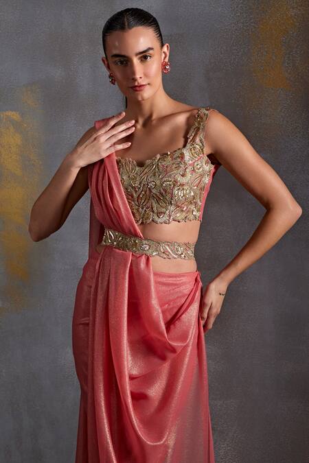Namrata Joshipura_Coral Georgette Sequins, Zari Metallic Pre-draped Saree With Embellished Blouse_at_Aza_Fashions