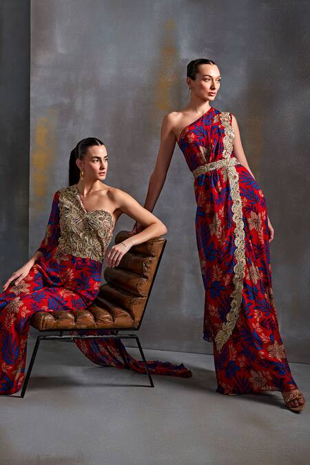 Namrata Joshipura_Red Georgette Embroidery, Sequins Asymmetric Floral Embellished Saree Gown_Online_at_Aza_Fashions