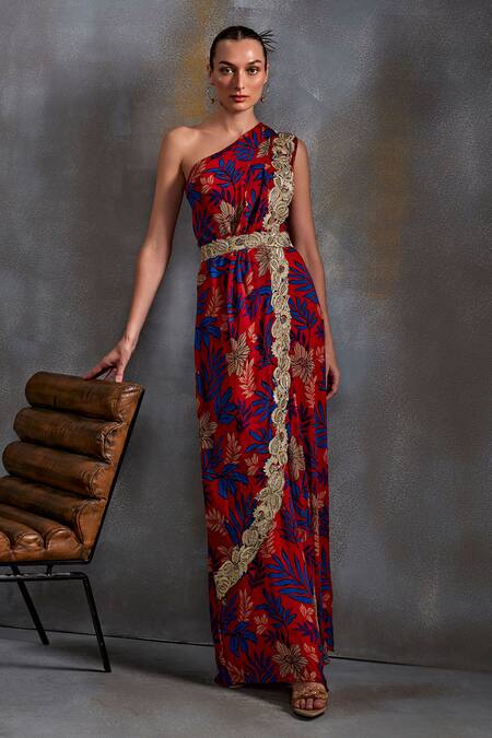 Buy_Namrata Joshipura_Red Georgette Embroidery, Sequins Asymmetric Floral Embellished Saree Gown_Online_at_Aza_Fashions