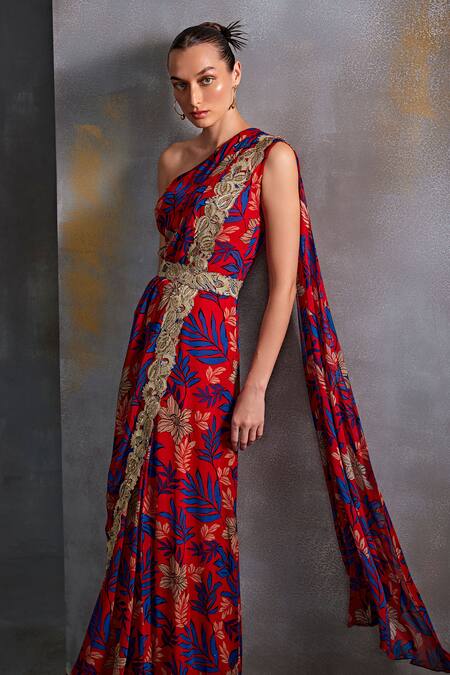 Shop_Namrata Joshipura_Red Georgette Embroidery, Sequins Asymmetric Floral Embellished Saree Gown_Online_at_Aza_Fashions