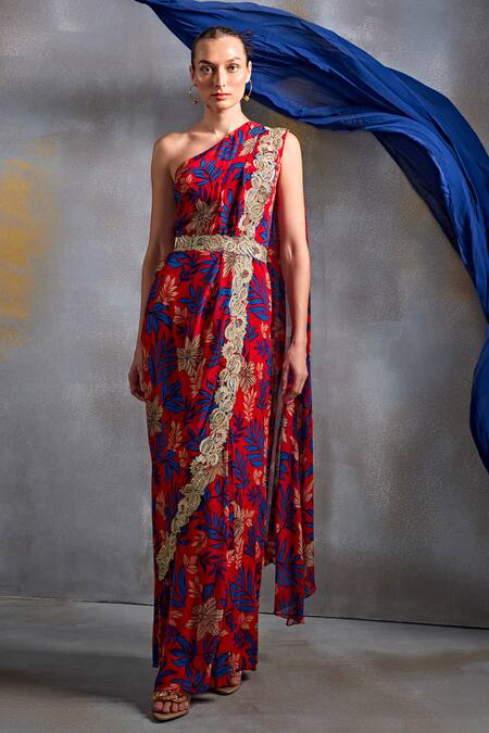 Namrata Joshipura_Red Georgette Embroidery, Sequins Asymmetric Floral Embellished Saree Gown_at_Aza_Fashions