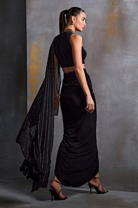 Shop Namrata Joshipura Black Jersey Cut Work, Sequins Round Cordelia Draped Concept Saree With Blouse at Aza Fashions Shop_Namrata Joshipura_Black Jersey Cut Work, Sequins Round Cordelia Draped Concept Saree With Blouse _at_Aza_Fashions