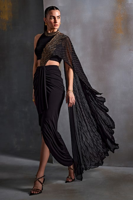 Namrata Joshipura Black Jersey Cut Work, Sequins Round Cordelia Draped Concept Saree With Blouse Online at Aza Fashions Namrata Joshipura_Black Jersey Cut Work, Sequins Round Cordelia Draped Concept Saree With Blouse _Online_at_Aza_Fashions