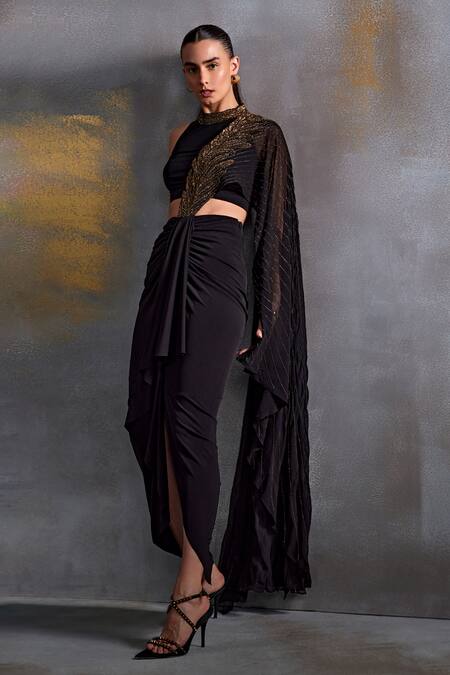 Buy Namrata Joshipura Black Jersey Cut Work, Sequins Round Cordelia Draped Concept Saree With Blouse Online at Aza Fashions Buy_Namrata Joshipura_Black Jersey Cut Work, Sequins Round Cordelia Draped Concept Saree With Blouse _Online_at_Aza_Fashions