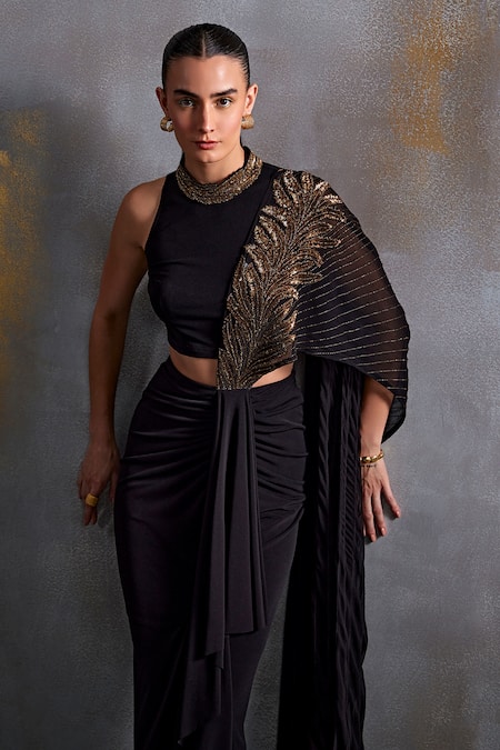 Shop Namrata Joshipura Black Jersey Cut Work, Sequins Round Cordelia Draped Concept Saree With Blouse Online at Aza Fashions Shop_Namrata Joshipura_Black Jersey Cut Work, Sequins Round Cordelia Draped Concept Saree With Blouse _Online_at_Aza_Fashions