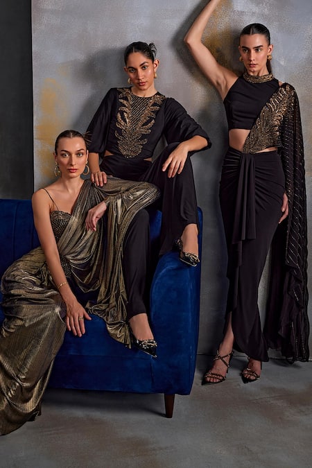 Namrata Joshipura Black Jersey Cut Work, Sequins Round Cordelia Draped Concept Saree With Blouse at Aza Fashions Namrata Joshipura_Black Jersey Cut Work, Sequins Round Cordelia Draped Concept Saree With Blouse _at_Aza_Fashions