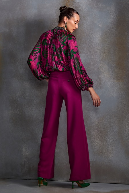 Shop_Namrata Joshipura_Magenta Crepe, Silk Embroidery Round Neck Willow Floral Print Top _at_Aza_Fashions