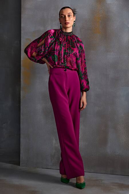 Buy_Namrata Joshipura_Magenta Crepe, Silk Embroidery Round Neck Willow Floral Print Top _Online_at_Aza_Fashions