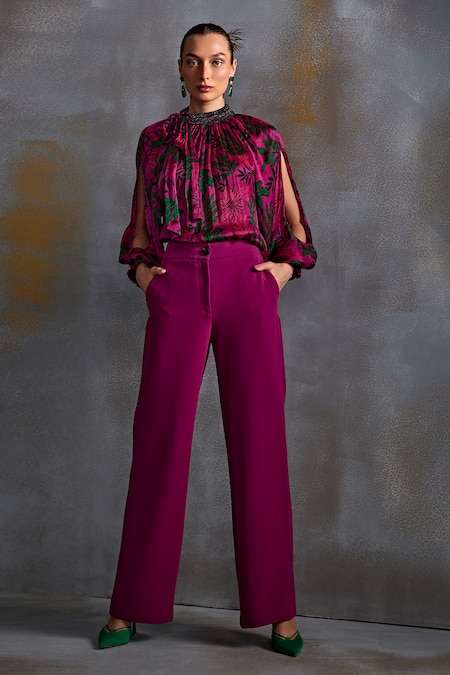 Shop_Namrata Joshipura_Magenta Crepe, Silk Embroidery Round Neck Willow Floral Print Top _Online_at_Aza_Fashions