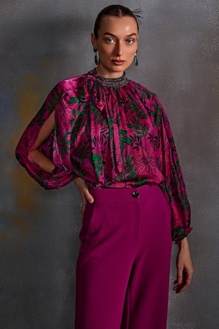 Namrata Joshipura_Magenta Crepe, Silk Embroidery Round Neck Willow Floral Print Top _at_Aza_Fashions