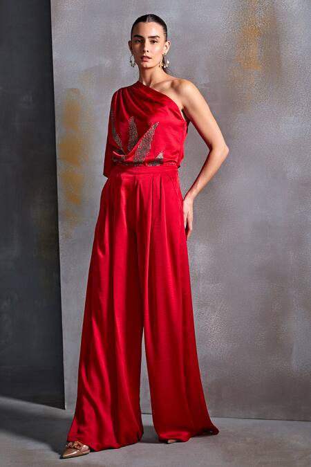 Namrata Joshipura_Red Satin Embellished Sequin Asymmetric Calathea Top_Online_at_Aza_Fashions