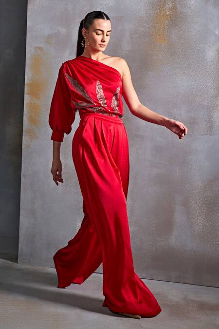 Buy_Namrata Joshipura_Red Satin Embellished Sequin Asymmetric Calathea Top_Online_at_Aza_Fashions