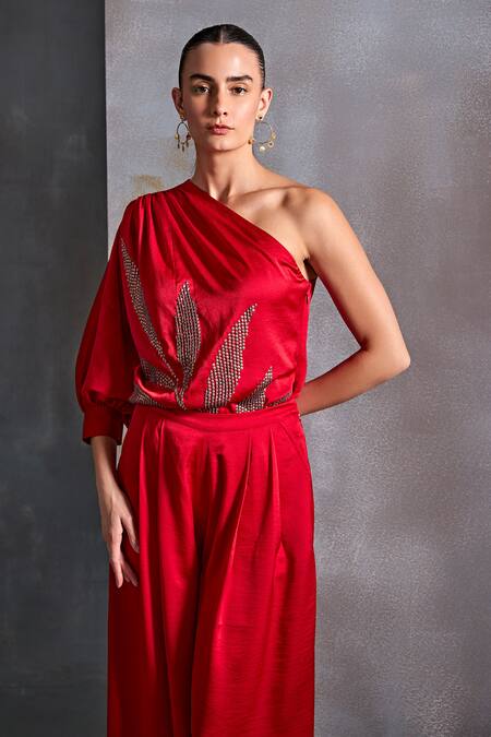 Shop_Namrata Joshipura_Red Satin Embellished Sequin Asymmetric Calathea Top_Online_at_Aza_Fashions
