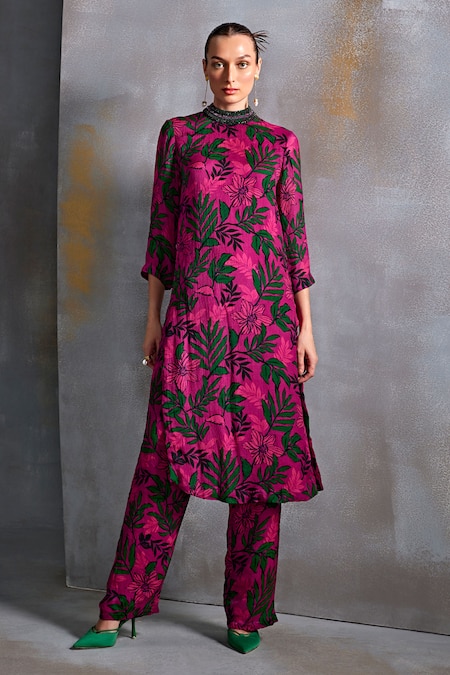 NAMRATA JOSHIPURA Pink Crinkled Cupro Silk Print Willow Round Collar Tunic With Pant 