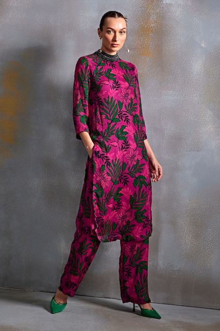 Namrata Joshipura_Pink Silk Round Neck Willow Print Crinkled Tunic With Pant _Online_at_Aza_Fashions