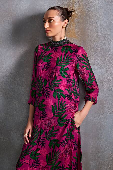 Buy_Namrata Joshipura_Pink Silk Round Neck Willow Print Crinkled Tunic With Pant _Online_at_Aza_Fashions