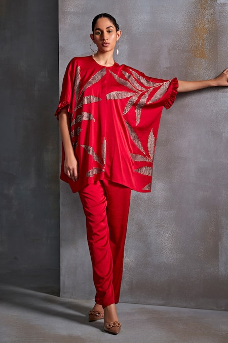 Namrata Joshipura Red Satin Embroidery Sequin Calathea Round Top With Pant 