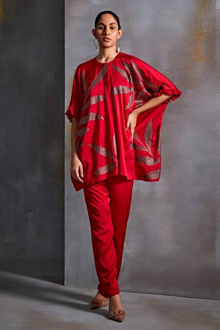 Namrata Joshipura_Red Satin Embroidery Sequin Calathea Round Top With Pant_Online_at_Aza_Fashions