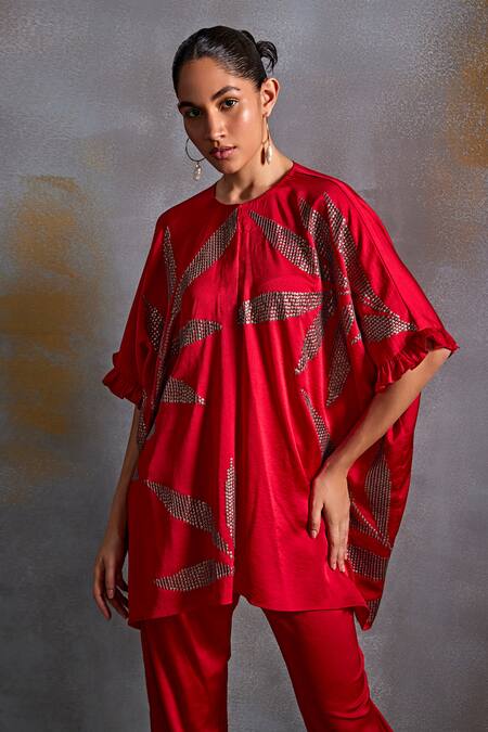 Buy_Namrata Joshipura_Red Satin Embroidery Sequin Calathea Round Top With Pant_Online_at_Aza_Fashions