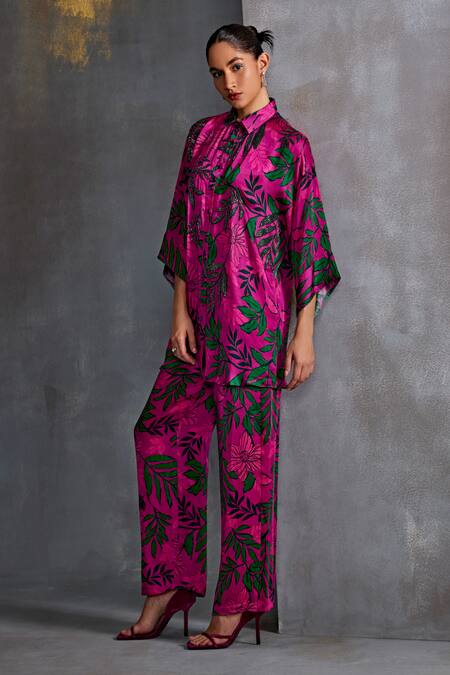 Shop Namrata Joshipura Pink Cupro Satin Print Willow Collar Foliage Embellished Shirt With Pant at Aza Fashions Shop_Namrata Joshipura_Pink Cupro Satin Print Willow Collar Foliage Embellished Shirt With Pant_at_Aza_Fashions