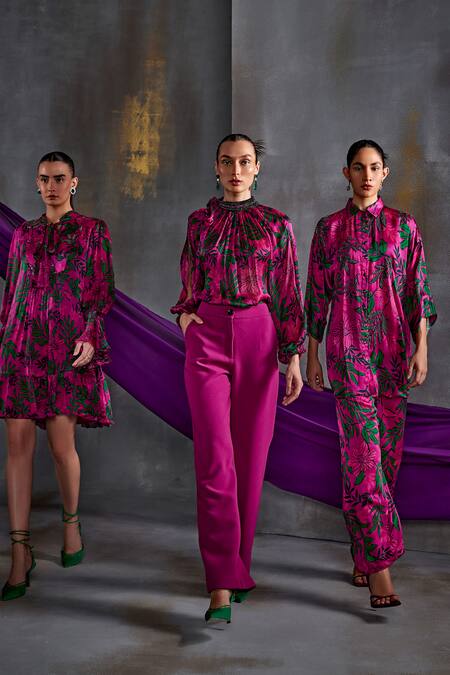 Namrata Joshipura Pink Cupro Satin Print Willow Collar Foliage Embellished Shirt With Pant Online at Aza Fashions Namrata Joshipura_Pink Cupro Satin Print Willow Collar Foliage Embellished Shirt With Pant_Online_at_Aza_Fashions