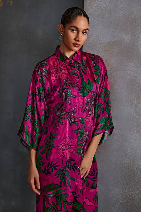 Shop Namrata Joshipura Pink Cupro Satin Print Willow Collar Foliage Embellished Shirt With Pant Online at Aza Fashions Shop_Namrata Joshipura_Pink Cupro Satin Print Willow Collar Foliage Embellished Shirt With Pant_Online_at_Aza_Fashions