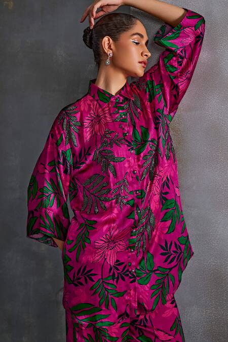Namrata Joshipura Pink Cupro Satin Print Willow Collar Foliage Embellished Shirt With Pant at Aza Fashions Namrata Joshipura_Pink Cupro Satin Print Willow Collar Foliage Embellished Shirt With Pant_at_Aza_Fashions