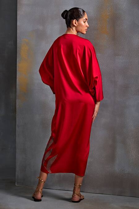 Shop Namrata Joshipura Red Satin Sequins V-neck Calathea Burst Embellished Draped Dress at Aza Fashions Shop_Namrata Joshipura_Red Satin Sequins V-neck Calathea Burst Embellished Draped Dress_at_Aza_Fashions