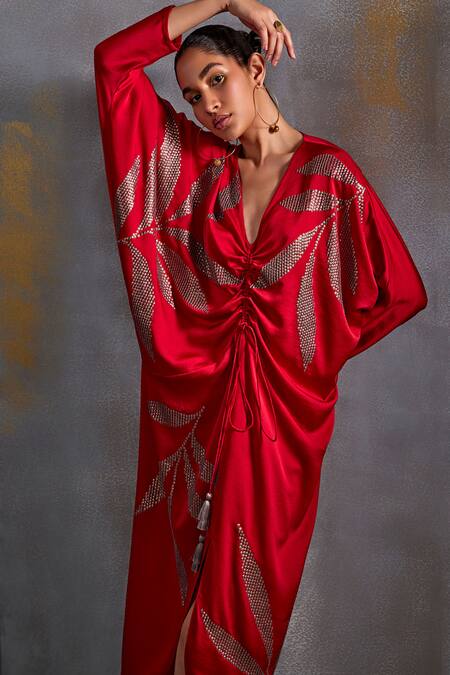 Shop Namrata Joshipura Red Satin Sequins V-neck Calathea Burst Embellished Draped Dress Online at Aza Fashions Shop_Namrata Joshipura_Red Satin Sequins V-neck Calathea Burst Embellished Draped Dress_Online_at_Aza_Fashions
