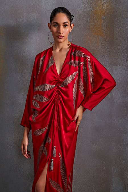 Namrata Joshipura Red Satin Sequins V-neck Calathea Burst Embellished Draped Dress at Aza Fashions Namrata Joshipura_Red Satin Sequins V-neck Calathea Burst Embellished Draped Dress_at_Aza_Fashions